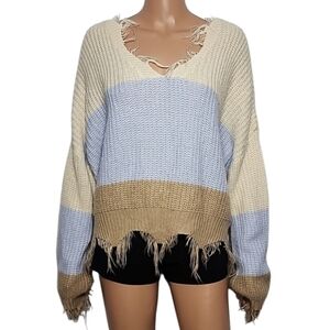 Polly & Esther Sweater Women's Size L Multicolor color block knit frayed sweater
